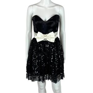 Jessica McClintock Black and Ivory Strapless Sequin Lace Mini Dress with Bow